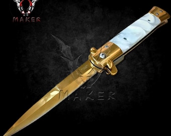 Gold Pearl Handle Stiletto Knife  9"  Spring Assisted Folding Knife for Hunting, Gift for Father, Boyfriend - VuMaker-668