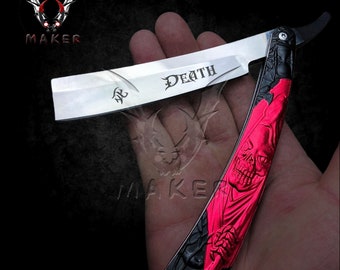 Death Grim Reaper Razor Skull Straight Blade Barber Knife 10&quot; Hunting Folding Steel Blade Knife Gift for men, father, christmas  VuMaker-494