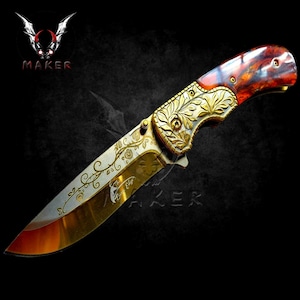 GOLD Sculpted Art Knife  9&quot; Floral Vintage, Folding Knife for Outdoor, collection, Gift for Mens, Womens, Halloween, Christmas - VuMaker-669