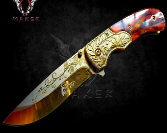 GOLD Sculpted Art Knife  9" Floral Vintage, Folding Knife for Outdoor, collection, Gift for Mens, Womens, Halloween, Christmas - VuMaker-669