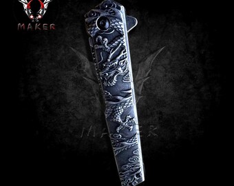 Dragon stonewash sculpt fantasy Knife 8.5" Folding Steel Blade for Hunting  Gift for Father, Boyfriend, Christmas - VuMaker-1230