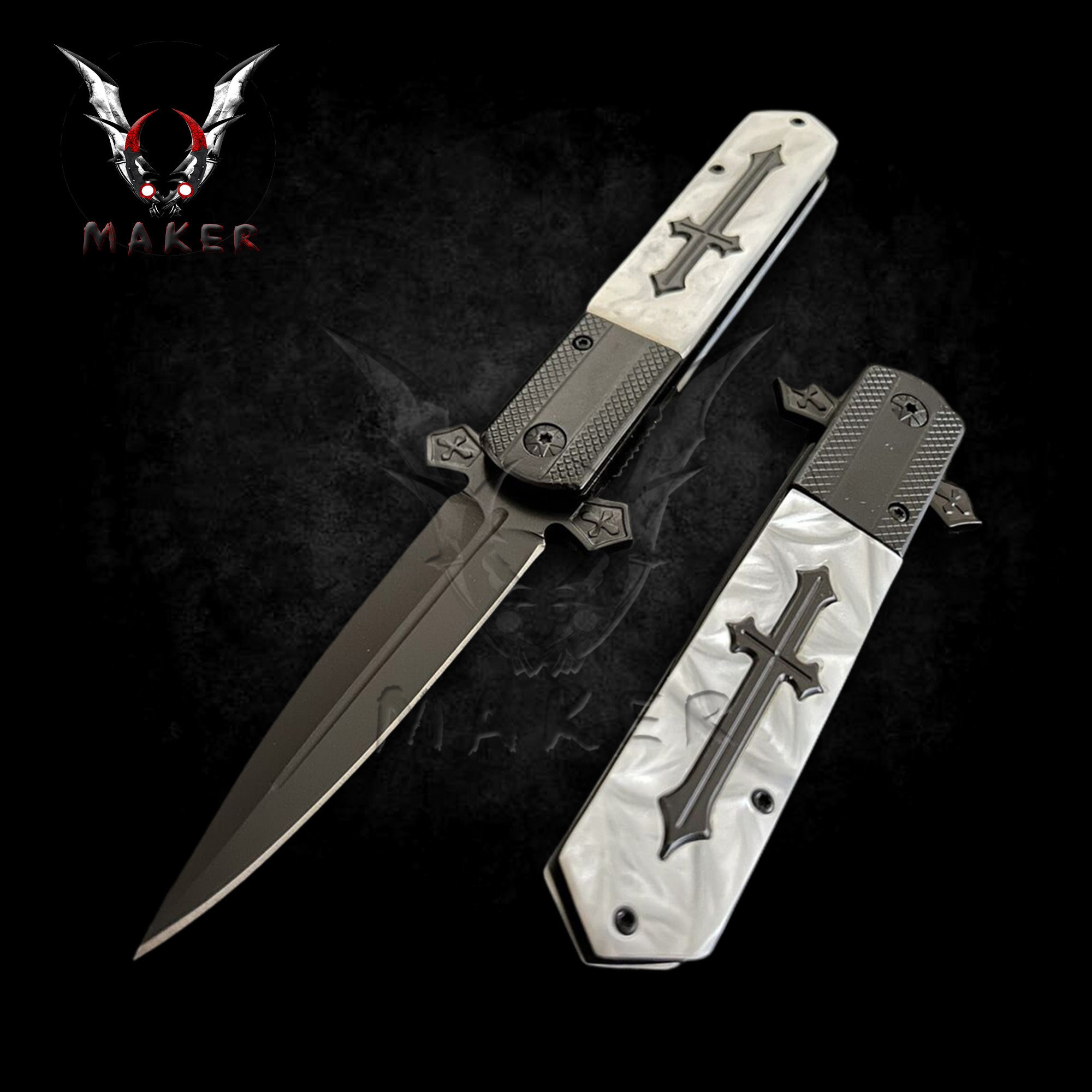 Black White Pearl Celtic Cross Stiletto Knife 9