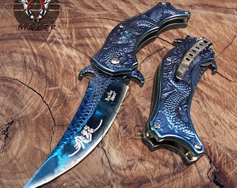 Blue Titanium Dragon Karambit Mirror Knife 8"  Best Folding Knife for Hunting,Campin Gift for Father, Husband, Boyfriend - VuMaker-216BT