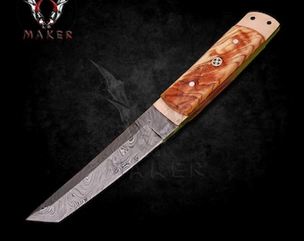 Damascus Japanese Tanto Knife 10" Damascus Fixed Blade Knife Olive wood handle,Gift for Men, Boyfriend , Husband, Christmas VuMaker-98