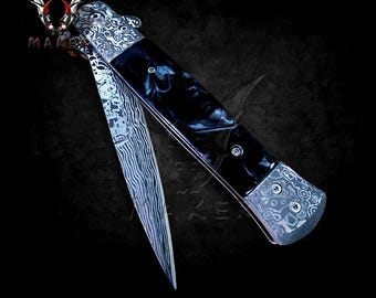 Damascus Black Pearl Handle Stiletto Knife 9" Spring Assisted Folding Knife for Hunting, Gift for Father, Boyfriend VuMaker-1006