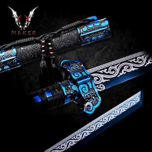 Handmade Sharp Dragon Clouds Katana Blue Ninja Damascus Folded 1095 Steel Japanese Samurai Sword, Father gift, boyfriend gift  - VuMaker-912