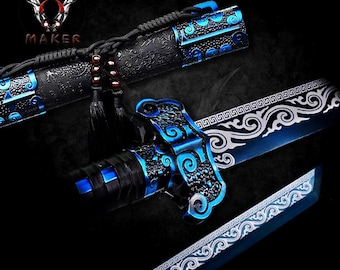 Handmade Dragon Clouds Katana Blue 1095 Folded Steel Japanese Collectible Display Gift for Men, Father, Boyfriend, Christmas  - VuMaker-912