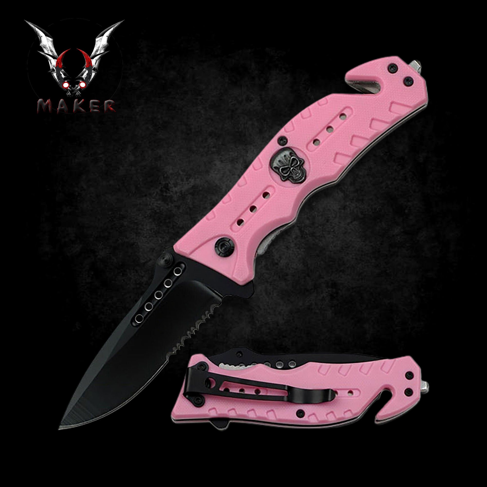 kj×GDC ハット 黒×ピンク Pink Skull Spring Assited Knife 8