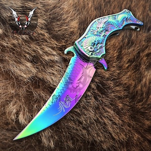 8&quot; Rainbow Vintage Dragon karambit Knife  Best Folding Knife for Hunting,Campin Gift for Father, Husband, Boyfriend - VuMaker-216