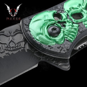 Black Skull Pocket Knife 8.25&quot; Sharp Steel Blade Best Folding Knife for Hunting, Camping Gift for Father, Husband, Boyfriend . VuMaker-484