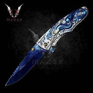 Mermaid with Ocean Dolphin Knife 8.75&quot; Hunting Folding Steel Blade Knife Fathers day gift Christmas gift - VuMaker-201