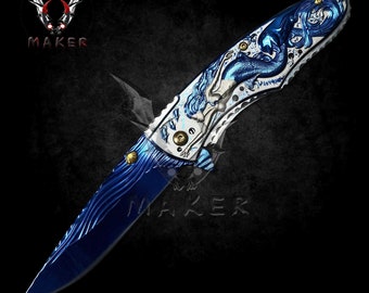 Mermaid with Ocean Dolphin Knife 8.75&quot; Hunting Folding Steel Blade Knife Fathers day gift Christmas gift - VuMaker-201