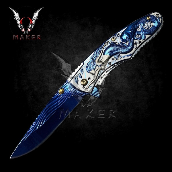 Mermaid with Ocean Dolphin Knife 8.75" Hunting Folding Steel Blade Knife Fathers day gift Christmas gift - VuMaker-201