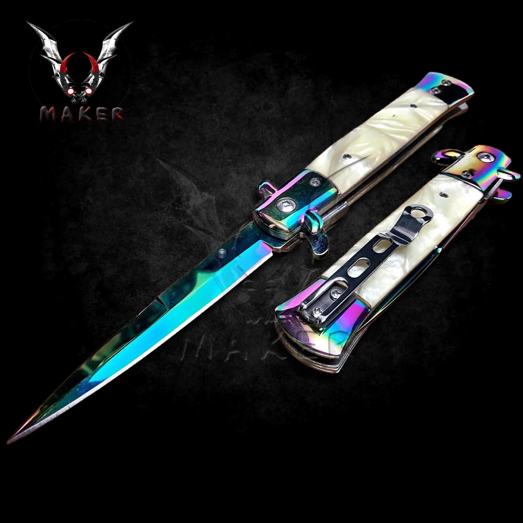 Rainbow White Pearl Handle Stiletto Knife 8.75