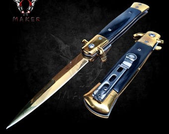 Gold Mirror Stiletto Knife Black Handle 8.75"  Assisted Folding Knife for Hunting, Gift for Men, Father, Boyfriend, Christmas - VuMaker-1037