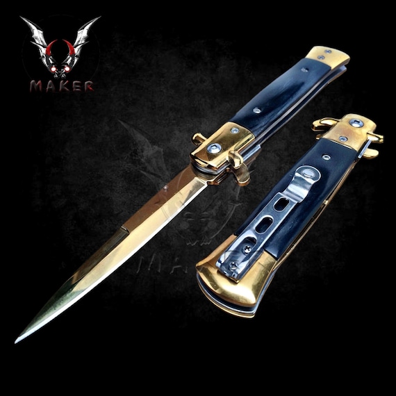 Gold Mirror Stiletto Knife Black Handle 8.75