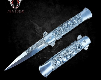 Silver retro Skull Engraved Spring Assisted 8.75" Folding Pocket Knife for Hunting, Camping, Gift for Father, Boyfriend, Christmas 1060