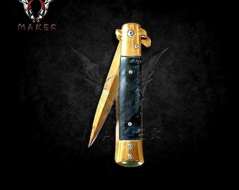 Gold Black Wood Handle Stiletto Knife 8.75"  Spring Assisted Folding Knife for Hunting, Gift for Father, Boyfriend - VuMaker-668
