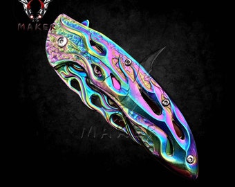 Coral Flames Ornate Rainbow Knife 8" Steel Blade Best Folding Knife for Hunting, Camping Gift for Father, Husband, Boyfriend . VuMaker-443