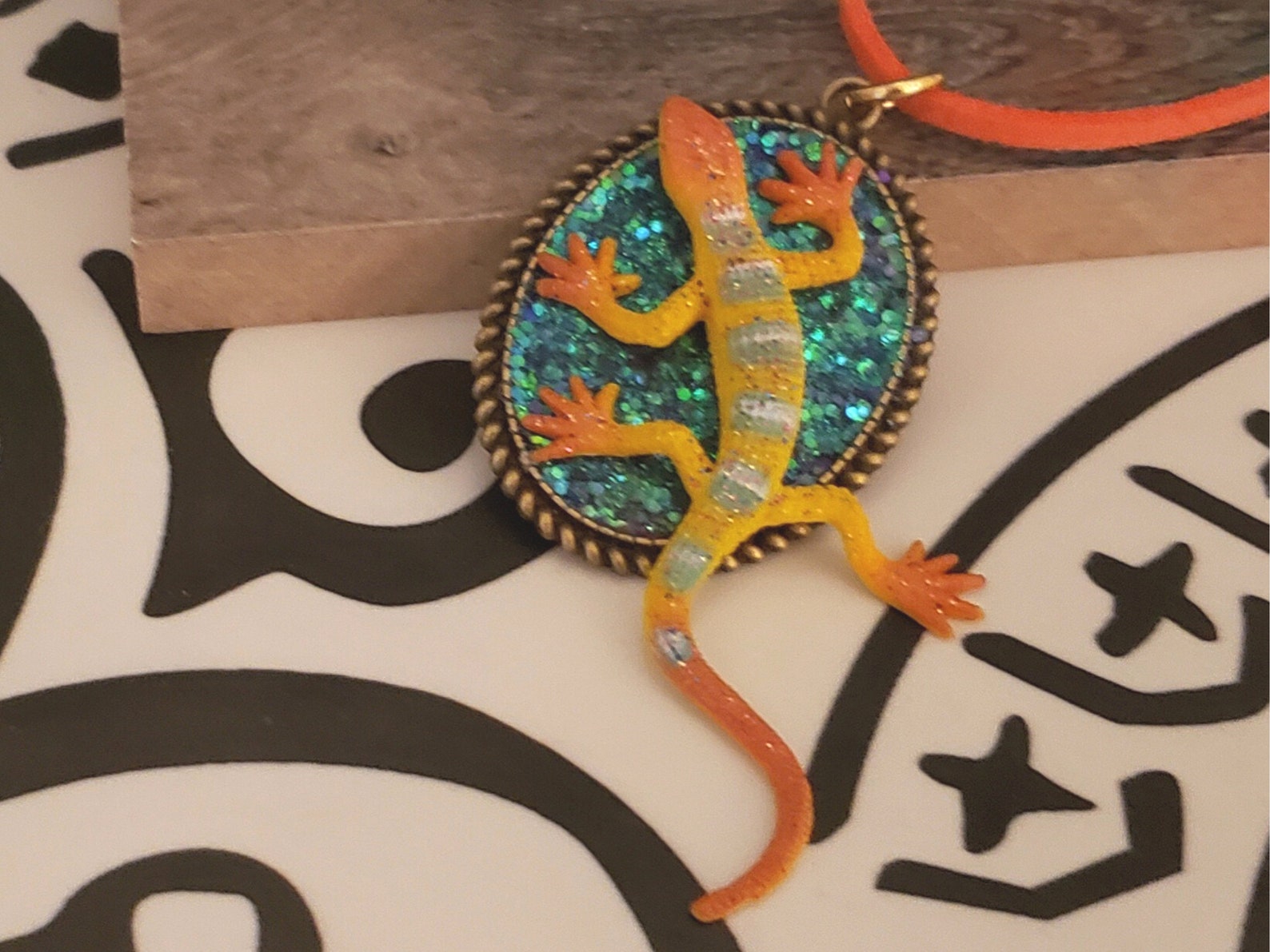 Cutest Gecko Lizard Glitter Resin Necklace Ever Pendant Etsy