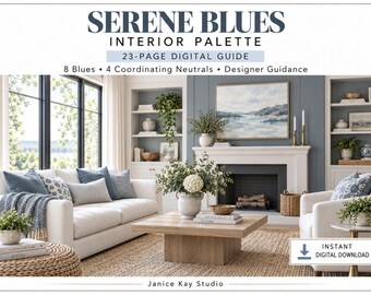 Serene Blues Interior Paint Palette | 8 Sherwin-Williams Blue Colors + 4 Coordinating Neutrals | 23-Page Digital Guide