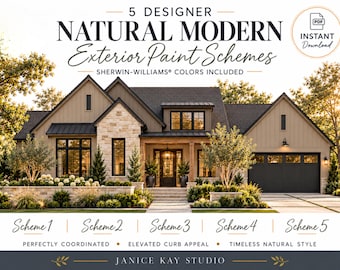 Natural Modern Exterior Paint Schemes | 5 Sherwin-Williams Palettes | 18-Page PDF Guide + Bonus