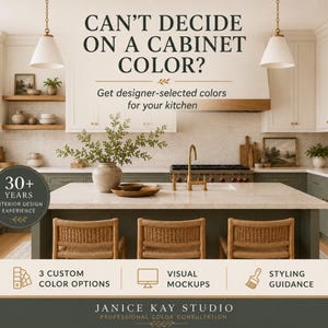 May include: A kitchen interior design consultation service advertisement featuring white upper cabinets, olive green lower cabinets, a central island with three woven chairs, and text reading CAN'T DECIDE ON A CABINET COLOR? and JANICE KAY STUDIO.