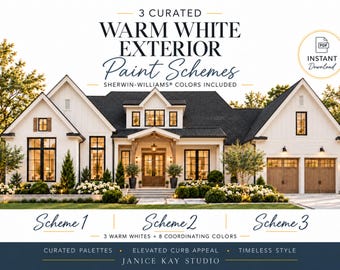 Warm White Exterior Paint Schemes | 3 Sherwin-Williams Whites + 8 Coordinating Colors | 22-Page Designer PDF Guide