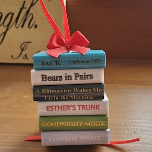 Personalized book stack ornament, small, customizable