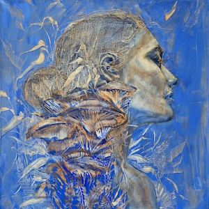 Dipinto a olio su tela di medie dimensioni, 50 x 50 cm, ritratto originale, ornamenti floreali, Dajana Stoy Art, decorazione murale moderna, blu oltremare