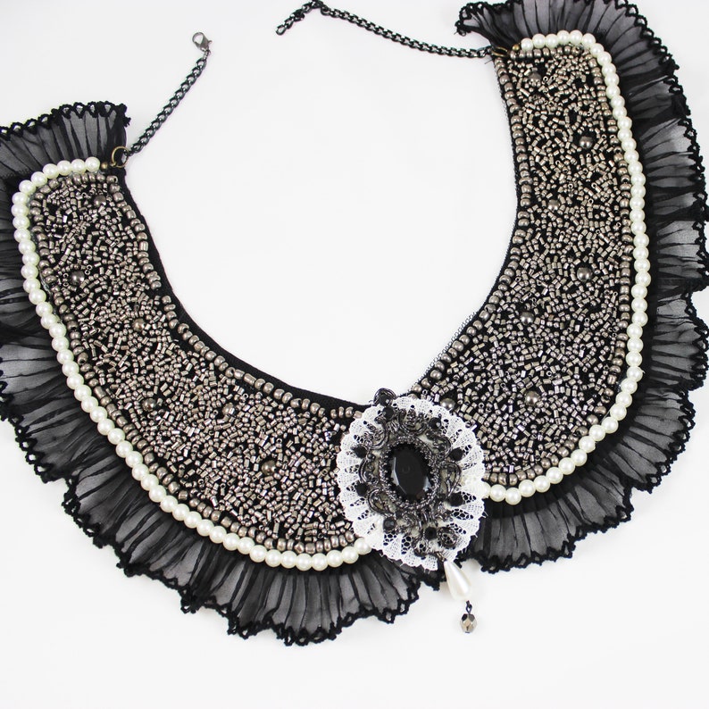 Handmade Black Victorian Collar Necklace Fashion Accessory with Beads Pearls Lace and Pendant