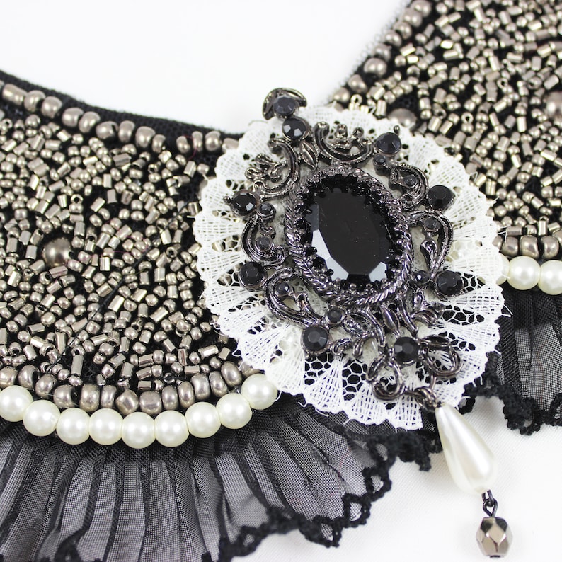 Handmade Black Victorian Collar Necklace Fashion Accessory with Beads Pearls Lace and Pendant