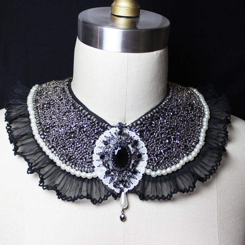 Handmade Black Victorian Collar Necklace Fashion Accessory with Beads Pearls Lace and Pendant