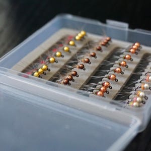 40 Euro Nymph fly assortment box size 16 barbless hooks perdigon style nymphs and CDC collar, Barbless Hooks Euro Nymph Trout Flies Nymphing