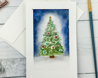 Cartes de Noël peintes à la main || Ensemble de quatre cartes de sapin de Noël aquarelle || Cartes peintes à la main uniques originales