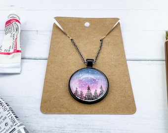 Night Sky Necklace, Watercolor Hand Painted Necklace, Original Art Pendant, Sunset Forest Landscape | Original Hand Painted Necklace