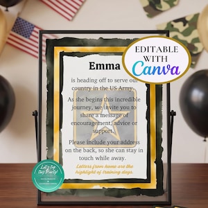 Puede incluir: Un letrero enmarcado con el nombre "Emma" y texto que invita a enviar mensajes de apoyo por su servicio en el ejército estadounidense. El letrero tiene un marco negro, detalles dorados y un logotipo de Canva.