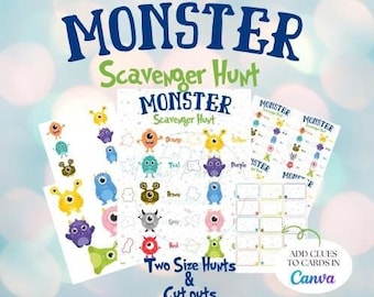 May include: Printable monster scavenger hunt game with two sizes of cards. The cards feature colorful monsters with different colors and names. The text on the cards reads "Monster Scavenger Hunt" and "Two Size Hunts & Cut Outs".