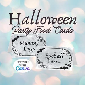 Editable Halloween Food Cards: Spooky Party Buffet Tents (Canva Template)