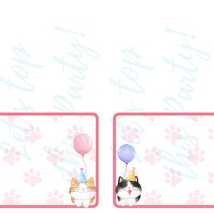 May include: Two printable gift tags featuring a pink and white paw print background with a cartoon cat holding a balloon. The text "Pet's Top Party!" is written in a light blue font on the top of each tag.