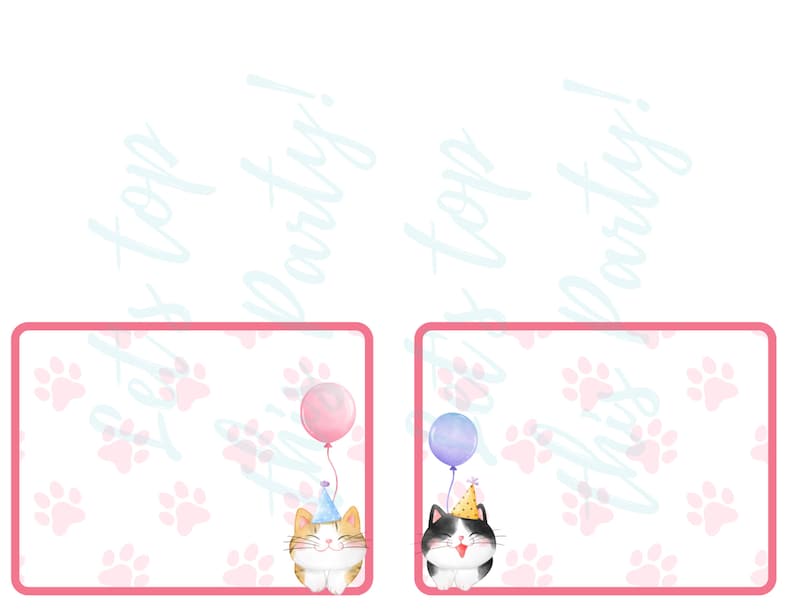 May include: Two printable gift tags featuring a pink and white paw print background with a cartoon cat holding a balloon. The text "Pet's Top Party!" is written in a light blue font on the top of each tag.