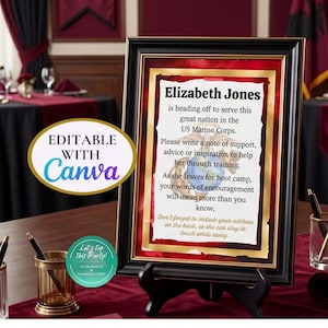 May include: A framed sign with the text "Elizabeth Jones" and a message about serving in the US Marine Corps. The sign is on a black easel, with a red and gold border. The words "Editable with Canva" are also visible.