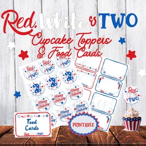 Rot-weiß und zwei Cupcake-Topper, patriotisches Geburtstagsthema, Feuerwerk, Geburtstag, 4. Juli, druckbares Baby, rot-weiß und zwei Essenskarten
