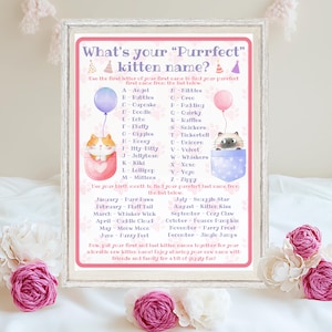 May include: A pink and white printable chart with the text "What's your 'Purrfect' kitten name?"  The chart features a list of names for kittens based on the first letter of a person's name and their birth month.  The chart is decorated with paw prints, party hats, and cartoon kittens.