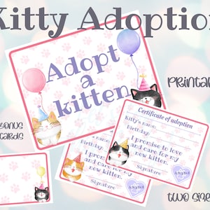 Adopt a Kitten Party Favor Kitten Adoption Certificate Kitten Birthday Party Cat Birthday Party Kitten Party Favor Adopt a Pet