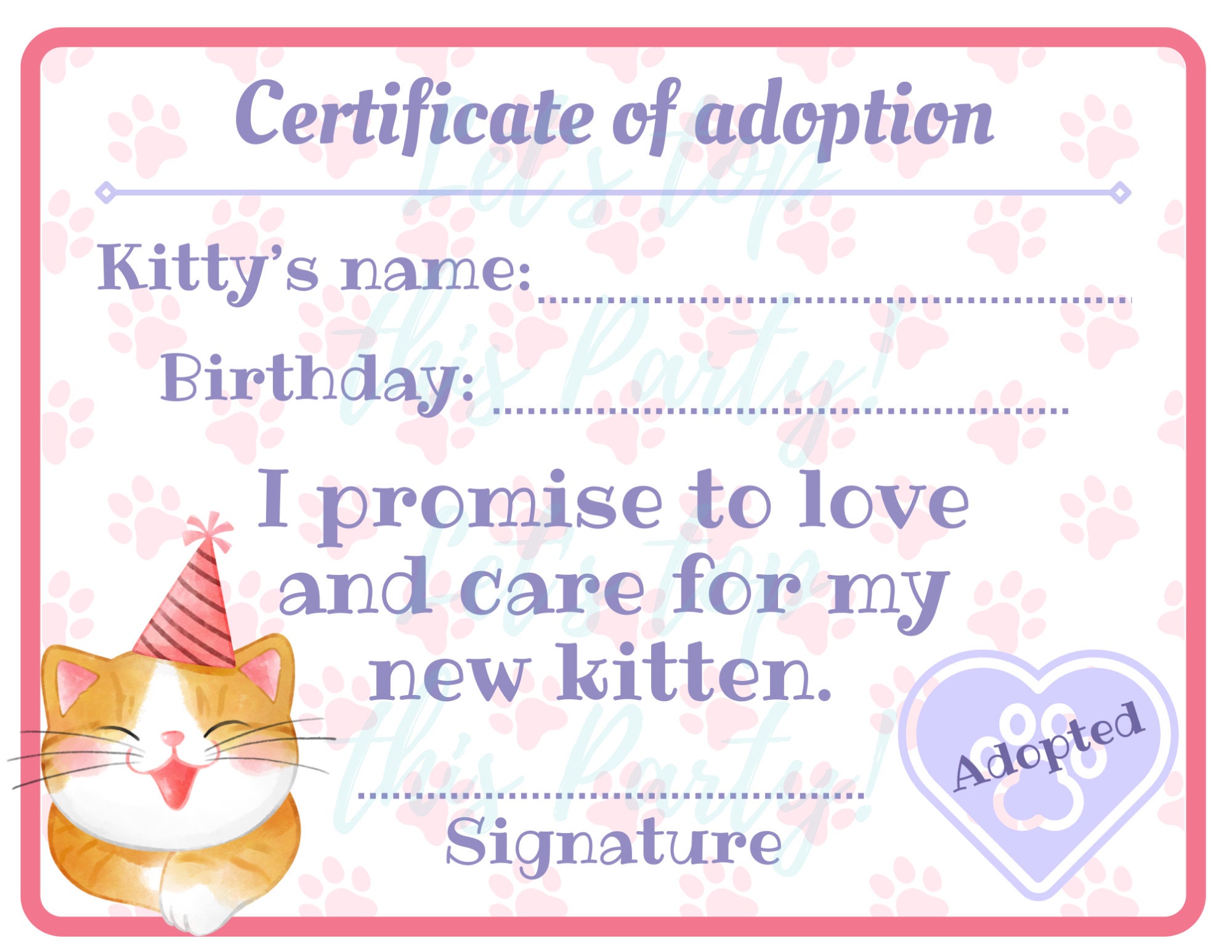 Adopt a Kitten Party Favor Kitten Adoption Certificate Kitten Birthday ...