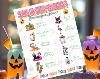 Summerween スカベンジャーハント印刷可能: ハロウィーンパーティーゲームと切り抜き (PDF ダウンロード)