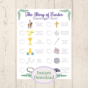 The Story of Easter Scavenger Hunt- Jesus Resurrection Story - Sunday School Activity - He is risen - Church Printable Bible Verses - PDFs