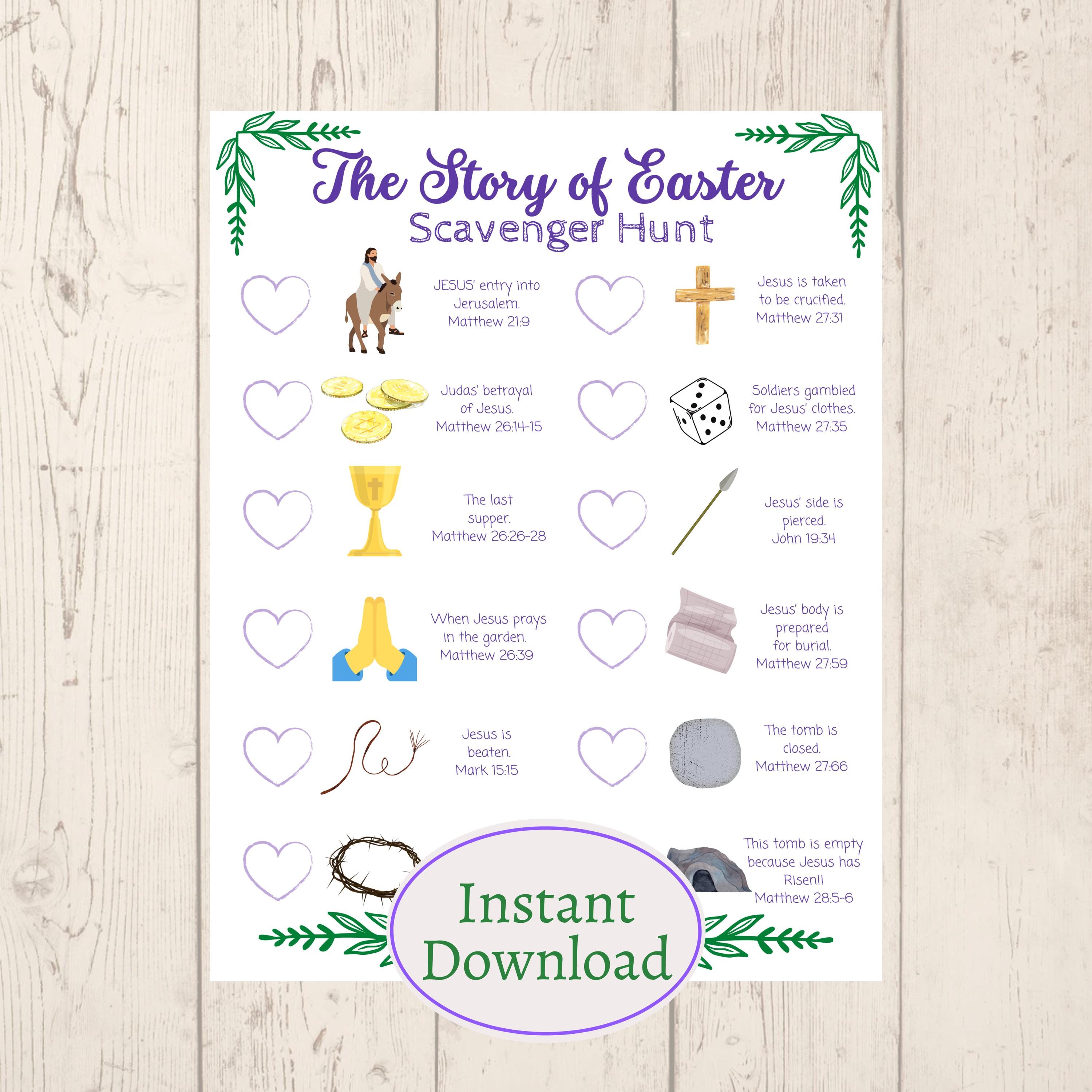 The Story of Easter Scavenger Hunt- Jesus Resurrection Story - Sunday School Activity - He is risen - Church Printable Bible Verses - PDFs