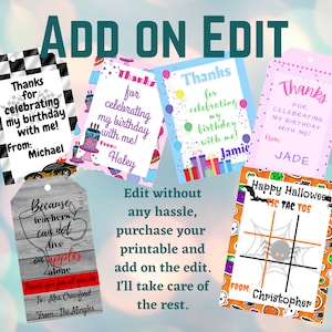May include: A collection of colorful gift tags with various designs and text. The tags include birthday greetings, a teacher appreciation message, and a Halloween-themed tic-tac-toe game. The tags are ready to be edited.